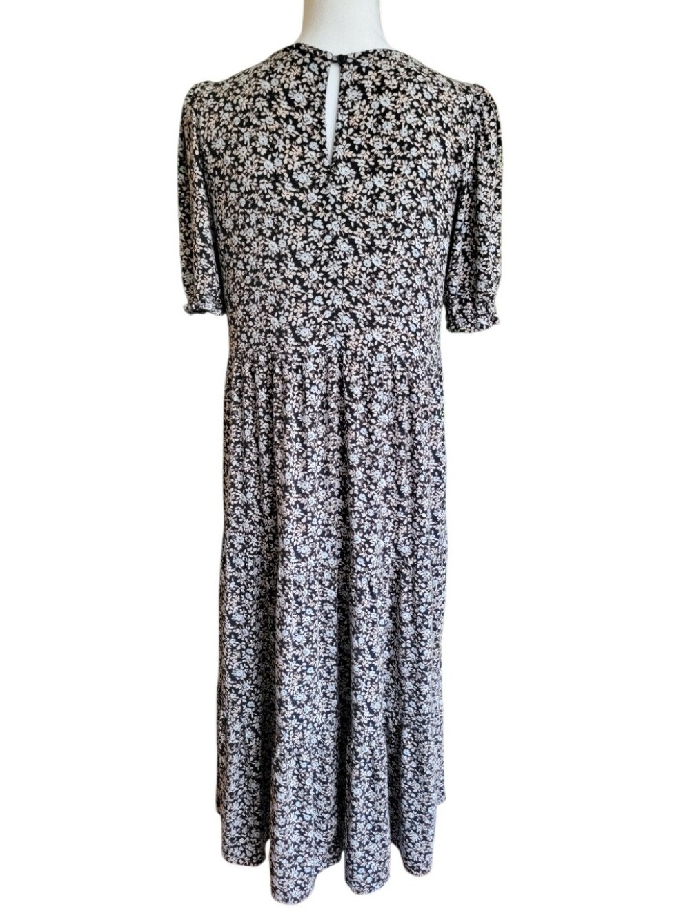 Aerie Garden Party Tiered Midi Dress - Black Floral Short Sleeve - Picture 7 of 11